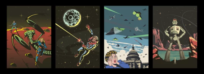 Foto op Plexiglas Retro Future Space Illustrations, Sci Fi Book Covers Style Posters, Spacemen, Aliens, UFO, Unknown Planets © koyash07