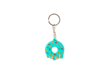 Donut shaped keychain with key ring isolated on white background. Concepts for real estate and moving home or renting property. Buying a property. Mock-up keychain.Copy space.
