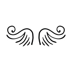 Obraz premium Doodle wings. Cartoon bird feather wings, religious angel wings ink sketch, black tattoo silhouette. Vector hand drawn blade wing sketch set for heraldic symbol emblem on white background