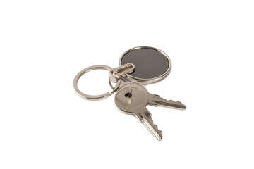 Keychain with key ring isolated on white background. Concepts for real estate and moving home or renting property. Buying a property. Mock-up keychain.Copy space.