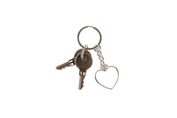 Heart-shaped keychain with key ring isolated on white background. Concepts for real estate and moving home or renting property. Buying a property. Mock-up keychain.Copy space.
