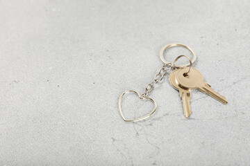 Heart-shaped keychain with key ring ion a colored background. Concepts for real estate and moving home or renting property. Buying a property. Mock-up keychain.Copy space.