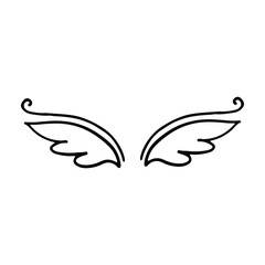 Doodle wings. Cartoon bird feather wings, religious angel wings ink sketch, black tattoo silhouette. Vector hand drawn blade wing sketch set for heraldic symbol emblem on white background