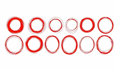  set of red circle frame isolated on white background, Scribble round frame for check, text highlight. Grunge scratch style set. Vector illustration, PNG.
