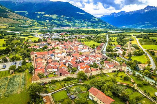 Fortified village of Glorenza or Glurns in Val Venosta aerial view
