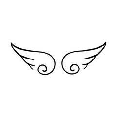 Doodle wings. Cartoon bird feather wings, religious angel wings ink sketch, black tattoo silhouette. Vector hand drawn blade wing sketch set for heraldic symbol emblem on white background