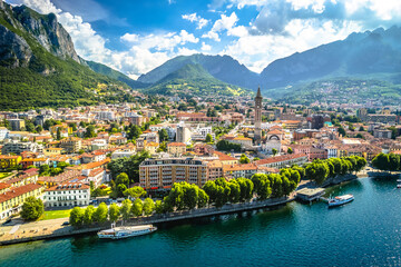 Town of Lecco aerial panoramic view, Como Lake