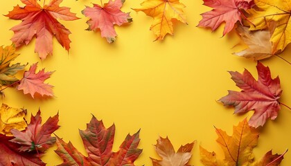 The fall composition is in the form of a square bordered by bright maple leaves on a yellow background. Seasonal concept mock-up, Textured Autumn leaf background with room for copy space.