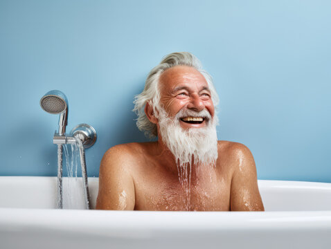 Old man enjoys bathing in bathtub, keeping body clean, on blue wall