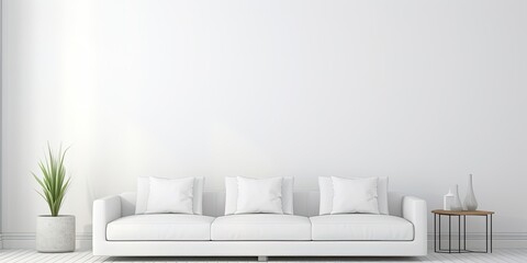 Minimalist white interior design with modern posters and a white sofa perfect for copying photos.