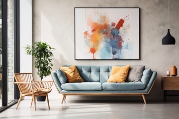 Blue sofa and chair in a modern living room - obrazy, fototapety, plakaty
