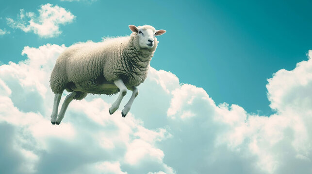 Under the blue sky and white clouds, a sheep floats in the air