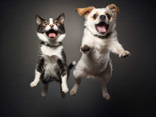 Cats and dogs jumping together with cute expressions