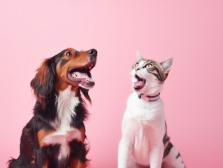 Obraz premium Cat and Dog looking up isolated on pink background
