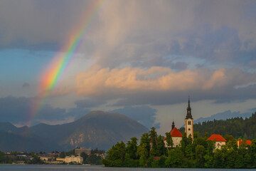 Church of the Assumption of the Blessed Virgin Mary on an island on Lake Bled in Slovenia. There is...