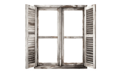 wooden window with white shutters. Aged wooden window with open shutters. Worn window frame. Wooden window frame with shutters. Old farmhouse or wood cabin window isolated. Transparent Background PNG