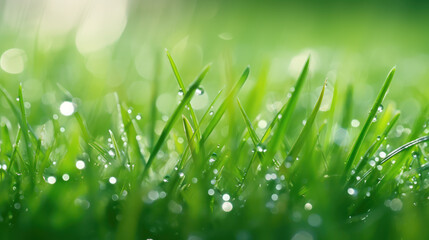 Naklejka premium grass with rain drops macro, morning dew after the rain, fresh green leaves