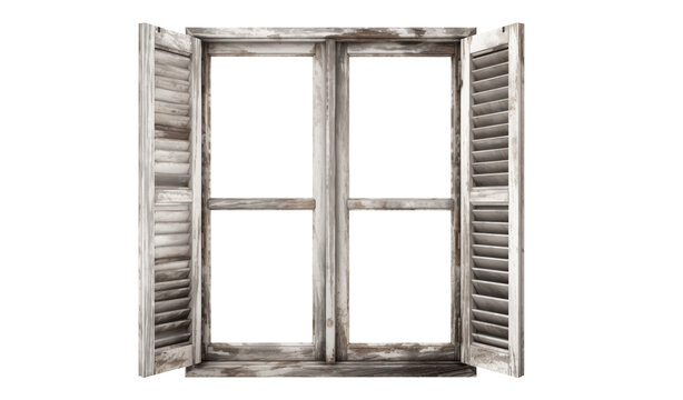 Fototapeta wooden window with white shutters. Aged wooden window with open shutters. Worn window frame. Wooden window frame with shutters. Old farmhouse or wood cabin window isolated. Transparent Background PNG