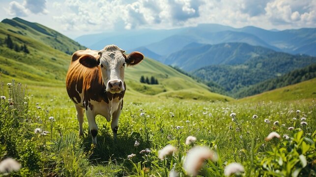 A beautiful scene with a cow grazing in the mountains. Created with Generative Ai technology.