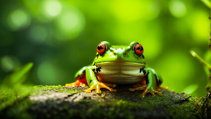 Naklejka premium Green frog red eyed on water with blur green background. frog, animal, green. ai generative