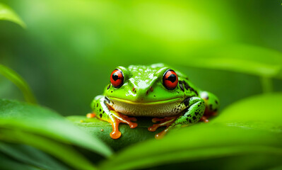 Obraz premium Green frog red eyed on water with blur green background. ai generated
