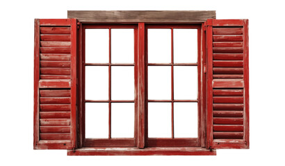 wooden window with red shutters. Aged wooden window with open shutters. Worn window frame. Wooden window frame with shutters. Old farmhouse or wood cabin window isolated. Transparent Background PNG