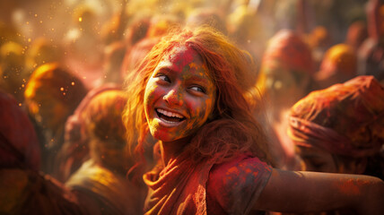 Naklejka premium A girl in the India dress is enjoying colorful powder. Holi festival