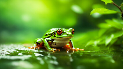 Naklejka premium Frog red eyed green on water with blur background. frog, animal, green. ai generated
