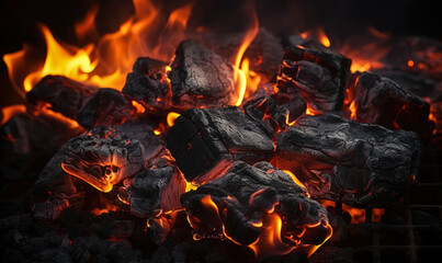 Glowing embers in a dark charcoal grill, capturing the intense heat of burning coals, ready for a barbecue under the night sky