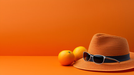 Fototapeta na wymiar Summer scene with hat and sunglasses on yellow background, generative ai