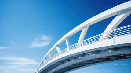 Fototapeta premium Support element of a high cable-stayed bridge with steel pylons. Backlight. Clear blue sky.