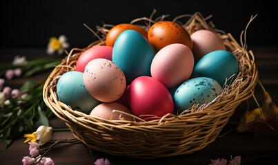 Obraz na płótnie Canvas Multicolored Easter eggs in a rustic wicker basket on a dark wooden table with soft light, symbolizing Easter traditions, spring celebrations, and artistic egg painting