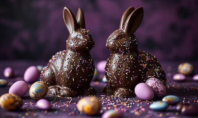 Festive chocolate Easter bunnies decorated with colorful sprinkles facing each other among...