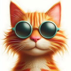 Humorous ginger cat in sunglasses, closeup portrait on light cyan background. Playful and quirky feline charm for creative projects