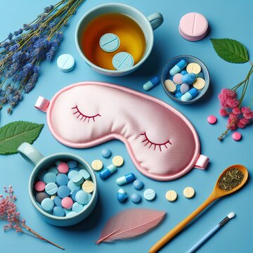 Blue and pink sleeping masks, pills and herbal tea on blue background