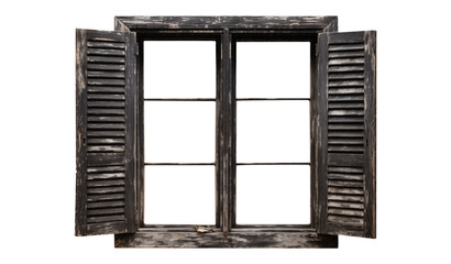 wooden window with black shutters. Aged wooden window with open shutters. Worn window frame. Wooden window frame with shutters. Old farmhouse or wood cabin window isolated. Transparent Background PNG