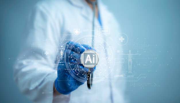 Health care and medical AI technology services concept.Medical worker touch virtual medical revolution and advance of technology Artificial Intelligence and technology for future Health