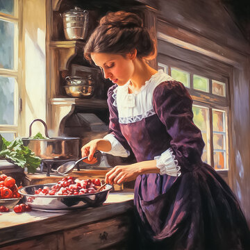 An antique image of a 19th-century woman cooking traditional plum pudding in a vintage kitchen. A romantic young lady in an elegant dress and refined facial features
