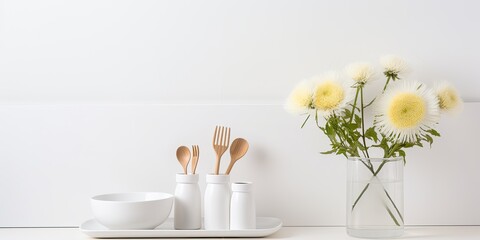 Fototapeta na wymiar Minimalist kitchen interior - white furniture with DIY flower, dispenser, dish brushes on white backdrop.
