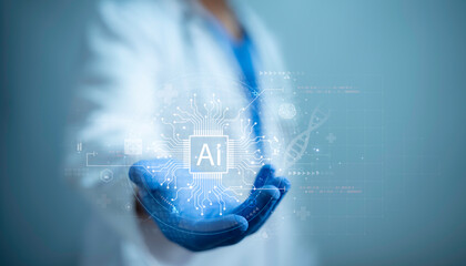 Health care and medical AI technology services concept.Medical worker touch virtual medical...