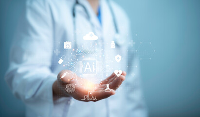 Health care and medical AI technology services concept.Medical worker touch virtual medical revolution and advance of technology Artificial Intelligence and technology for future Health