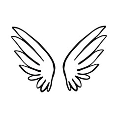 Doodle wings. Cartoon bird feather wings, religious angel wings ink sketch, black tattoo silhouette. Vector hand drawn blade wing sketch set for heraldic symbol emblem on white background