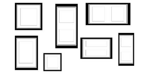 Black photo frame, Gallery wall and Poster empty Mockup vector illustration on transparent background.