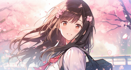 満開の桜と女子生徒卒業・入学シーズンイメージ