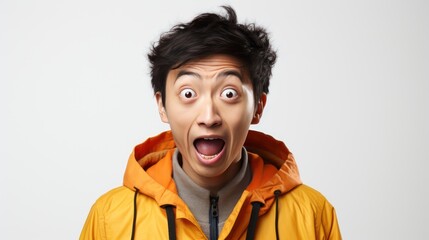 A Wow and surprised face Asian man in white t-shirt with hand point on empty space on a white isolated transparent background. - obrazy, fototapety, plakaty