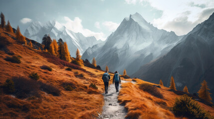 Two hikers with backpacks trekking on a mountain path surrounded by golden autumn foliage, with majestic mountains in the distance. - obrazy, fototapety, plakaty