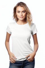 Fototapeta premium Portrait Of Confident Caucasian Woman in White T-Shirt and Jeans in White Background