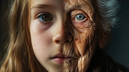 A face, half young girl and half elderly , aging concept
