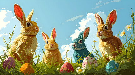 spring green meadow with easter effs and bunny against blue sky,
 - obrazy, fototapety, plakaty