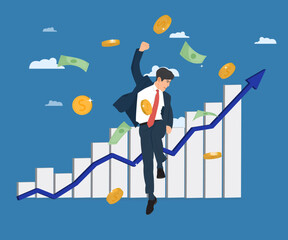 Businessman jumping with joy at business success. Vector illustration. Business concept or financial independence